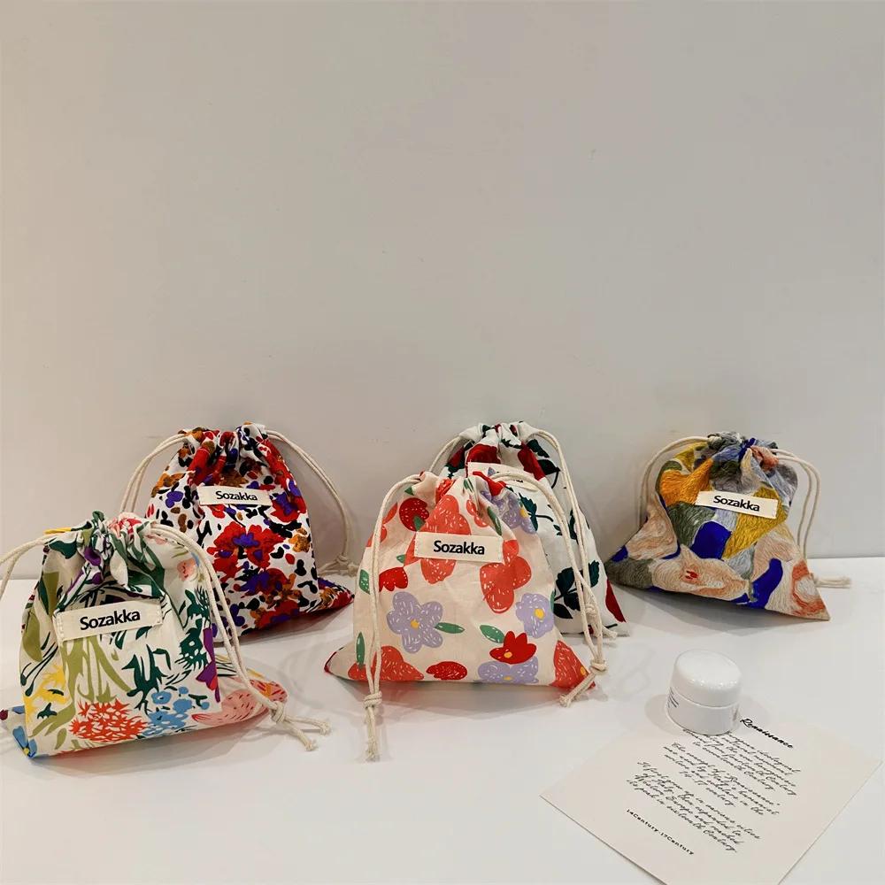 Small Cotton Fabric Floral Drawstring Bags Coin Pocket Bags Purse Keys Earphone Storage Bag Lipstick Toiletry Makeup Organizer