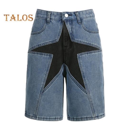 

Женские шорты с низкой талией и звездами в стиле пэчворк, стиль High Street, контрастного цвета, свободные прямые пуговицы, застежка-молния, длиной до колена, уличные брюки S синий