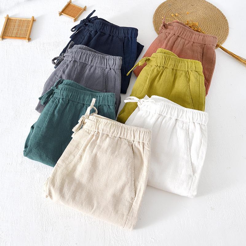 Summer Fashion Men's Shorts Youth Beach Baggy Short Pants Casual Solid Color Thin Cotton Linen Elastic Waist Shorts Breathable