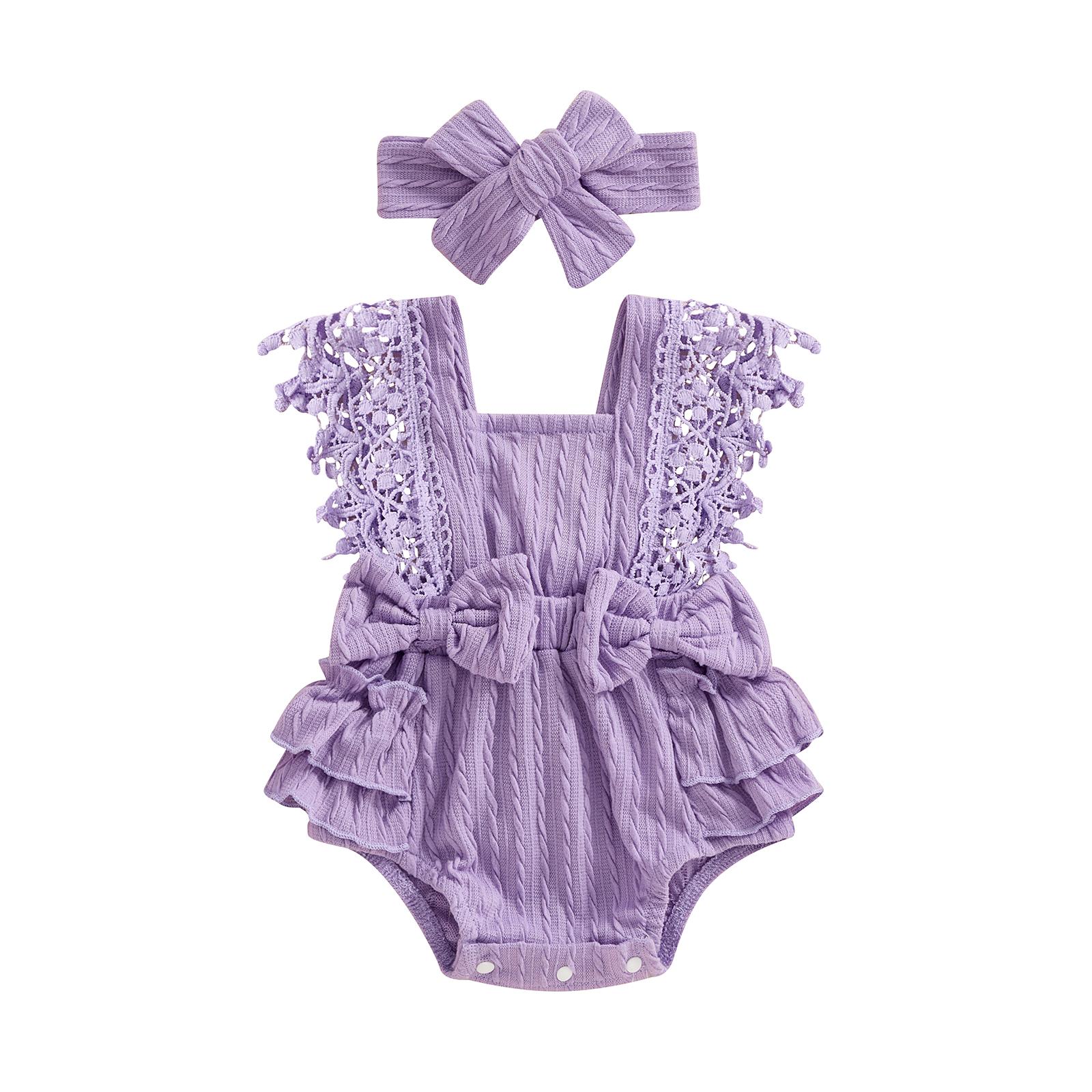

Летний комбинезон для маленьких девочек 3, 6, 12, 18 месяцев, комбинезон с кружевными рукавами и квадратным вырезом, бантом и повязкой на голову 6-12 Months фиолетовый