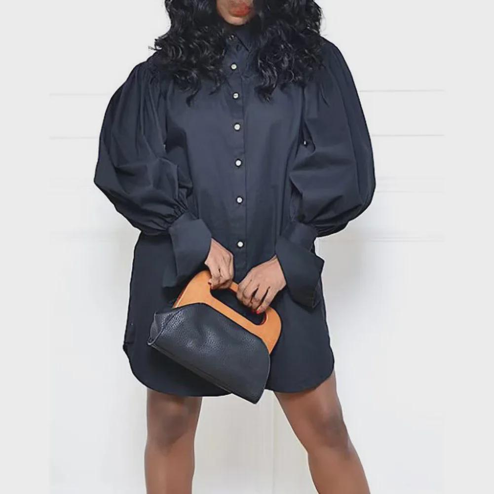 2021 Women's Solid Color Shirt Dress - European and American Fashion