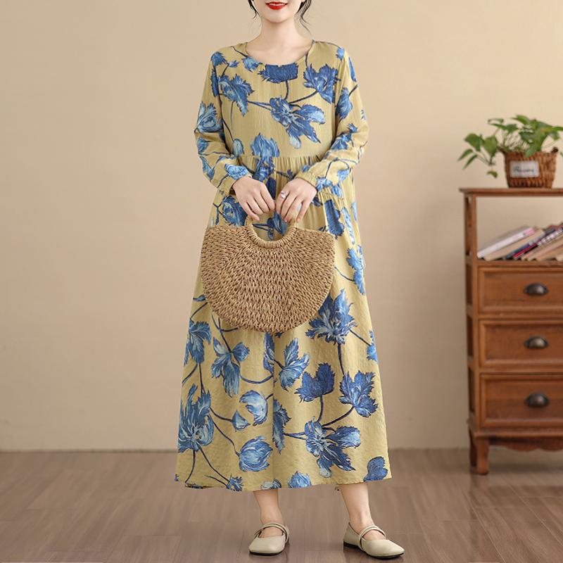 DIMANAF New 2026 Women Long Dress Plus Size Spring Summer Vintage Loose Oversize Long Sleeve Maxi Floral Print
