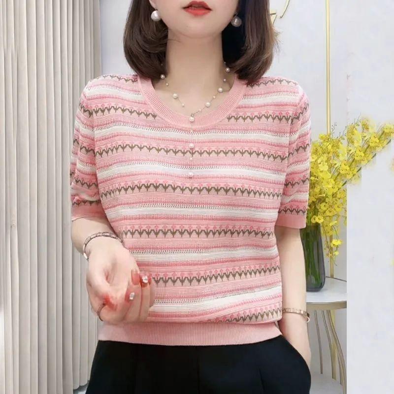Women's Ice Silk Short Sleeved T-shirt Summer Striped Hollow Top Large Loose Knitted Cardigan