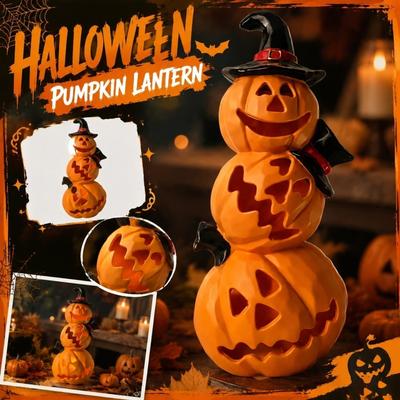 Halloween Pumpkin Lantern Stack with Carved Faces and Witch Hat Decoration for Indoor Outdoor Seasonal Festive Display