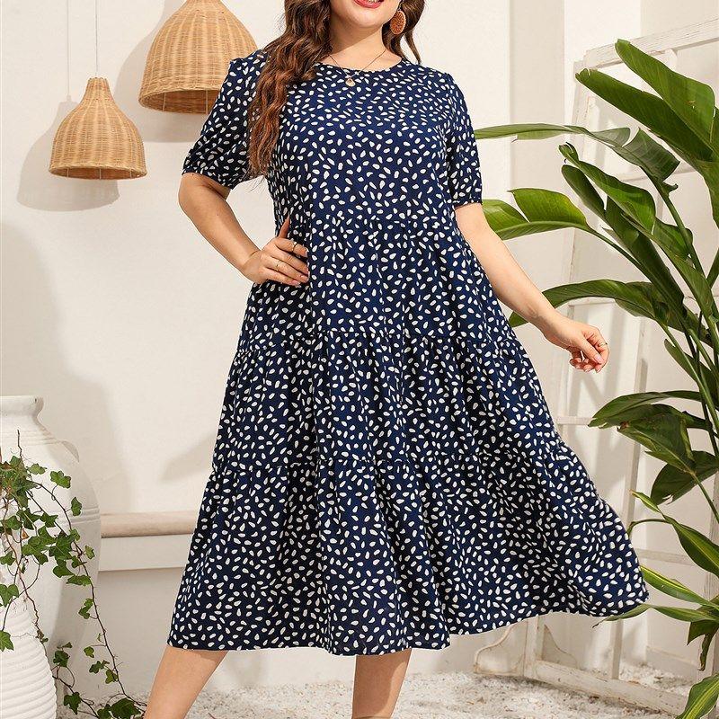 

Loose Fit Plus Size Irregular Short-Sleeved Summer Dresses Dark Blue 5XL