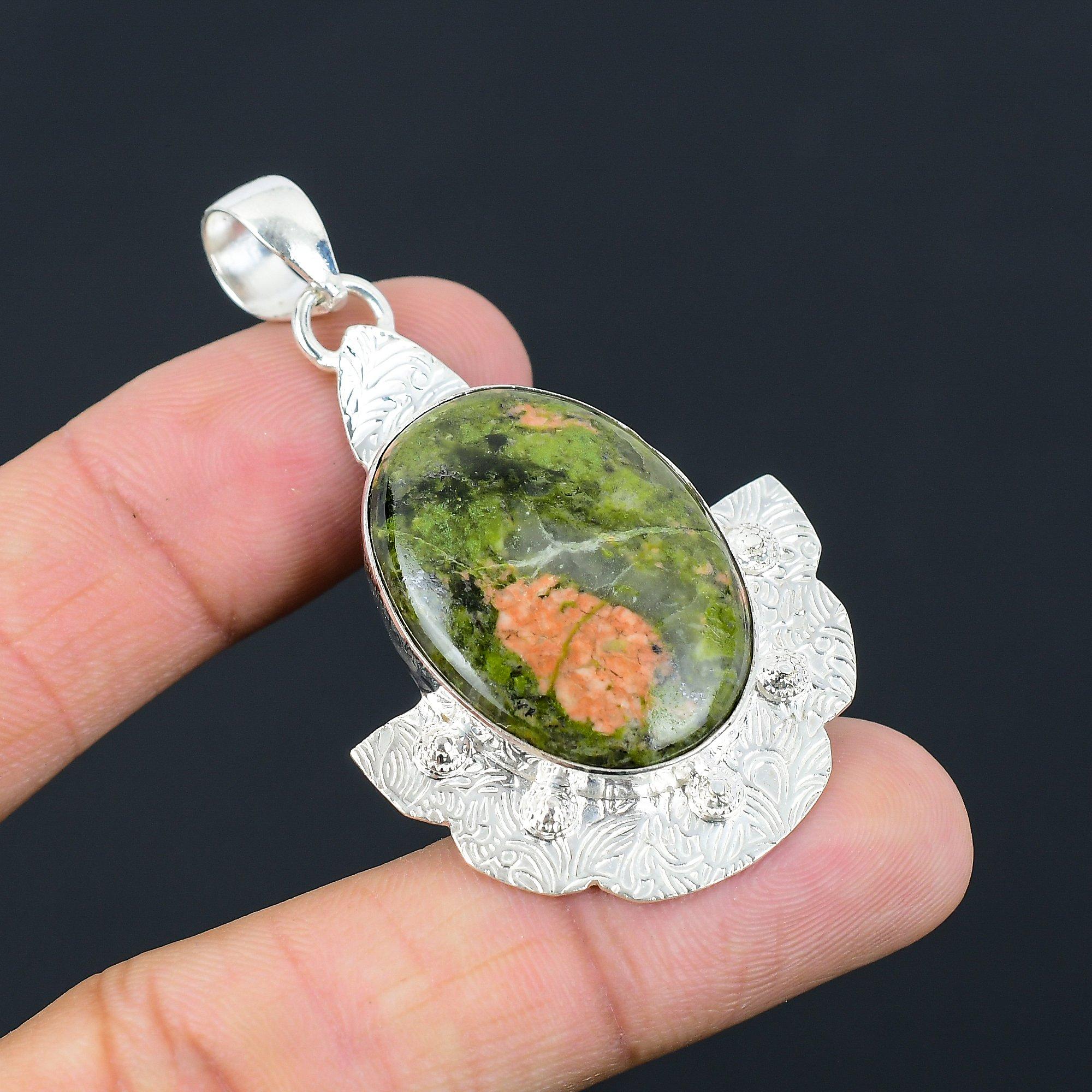 

Sterling Silver Oval Unakite Stone Sister Art Deco Trendy Artisan Ethnic Pendant