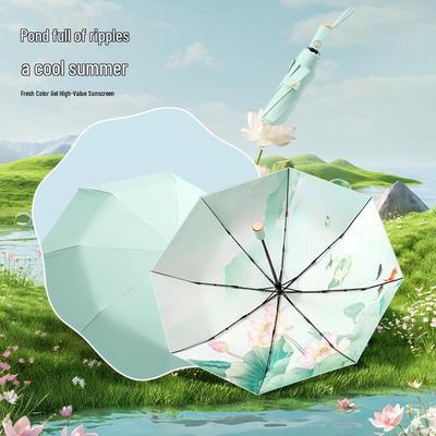 Dreilagiger floraler Automatikschirm mit UV-Schutz, doppelt verwendbar für Sonne und Regen, Digitaldruck mit passendem Griff - Auf Lager