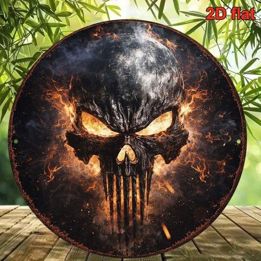 1pc Vintage Punisher Skull Flame 2D Flat Round Sign 8x8in, Unique Wall Art Plaque for Bar Game Room Garage Man Cave