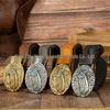 Retro Brass Flower Blooming Unisex Leather Belt with Feather Inlaid Stone Slab Design