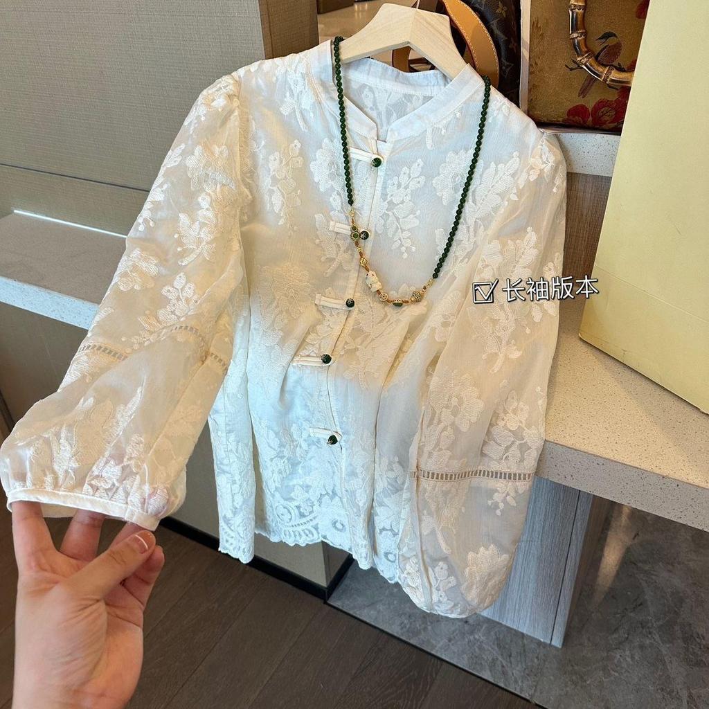 White embroidered shirt women's 2025 early spring new retro button-up annual shirt long-sleeved top