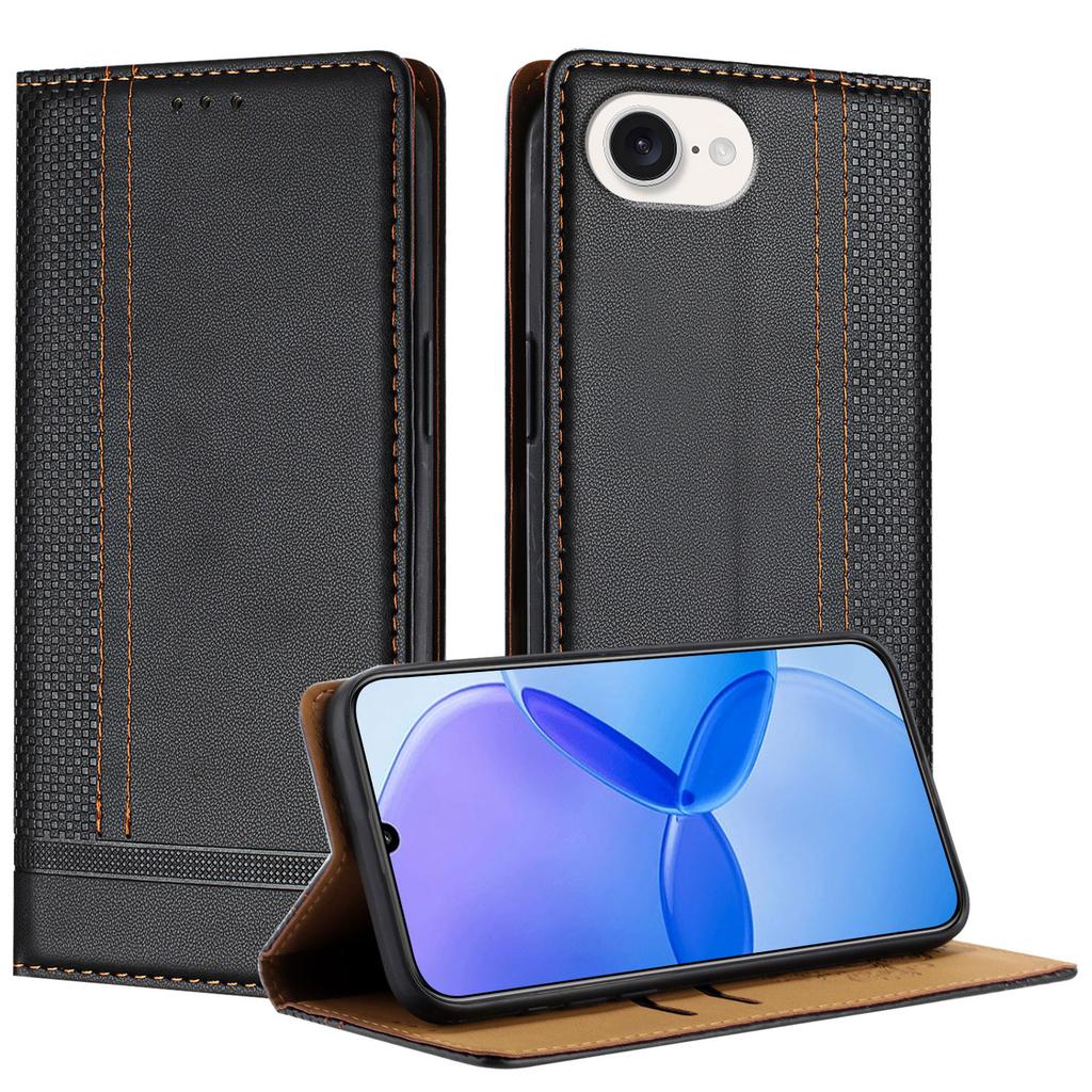 For iPhone 16e Case L-Shaped Grid Pattern Leather Stand Phone Cover with Card Slots