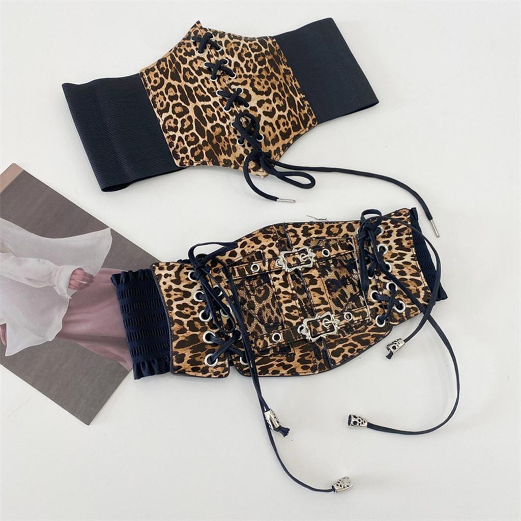 Lace Leopard Pattern Corset Women Waspie Laceup Tied Waistband Retro Cincher for Formal Event Party Elastic Waistbelt