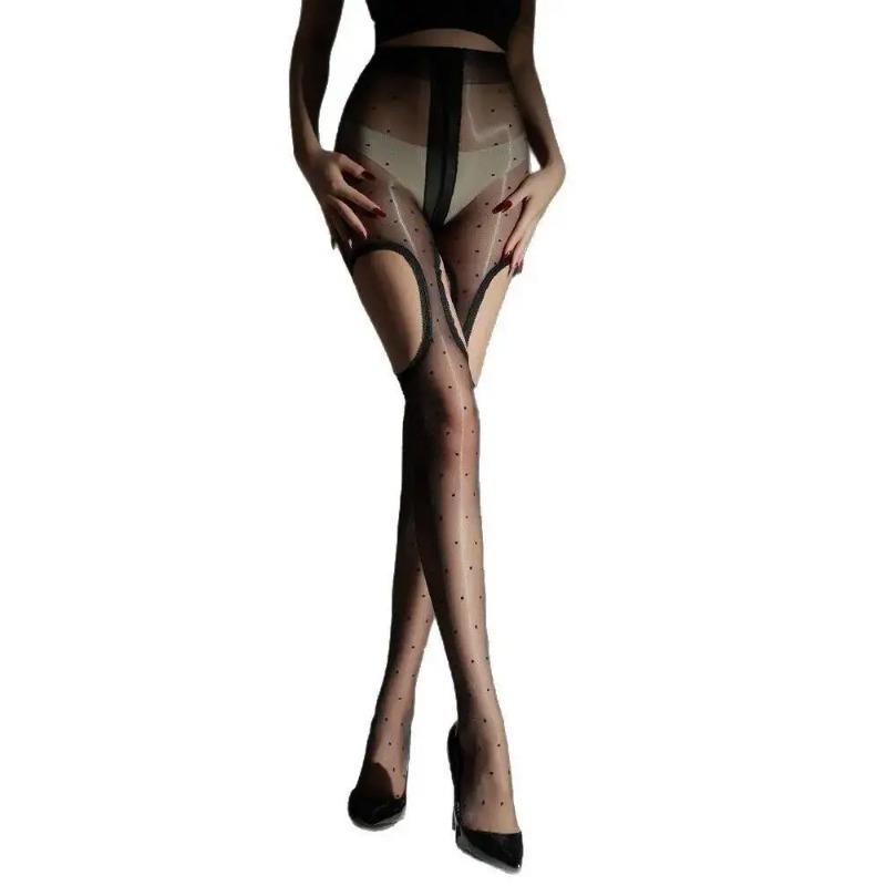 Aurora Polka Dot Shiny Stockings Fake Straps Four-Sided Hollow Out Women's Polka Dot Thin Summer Sexy Black Pantyhose SET8