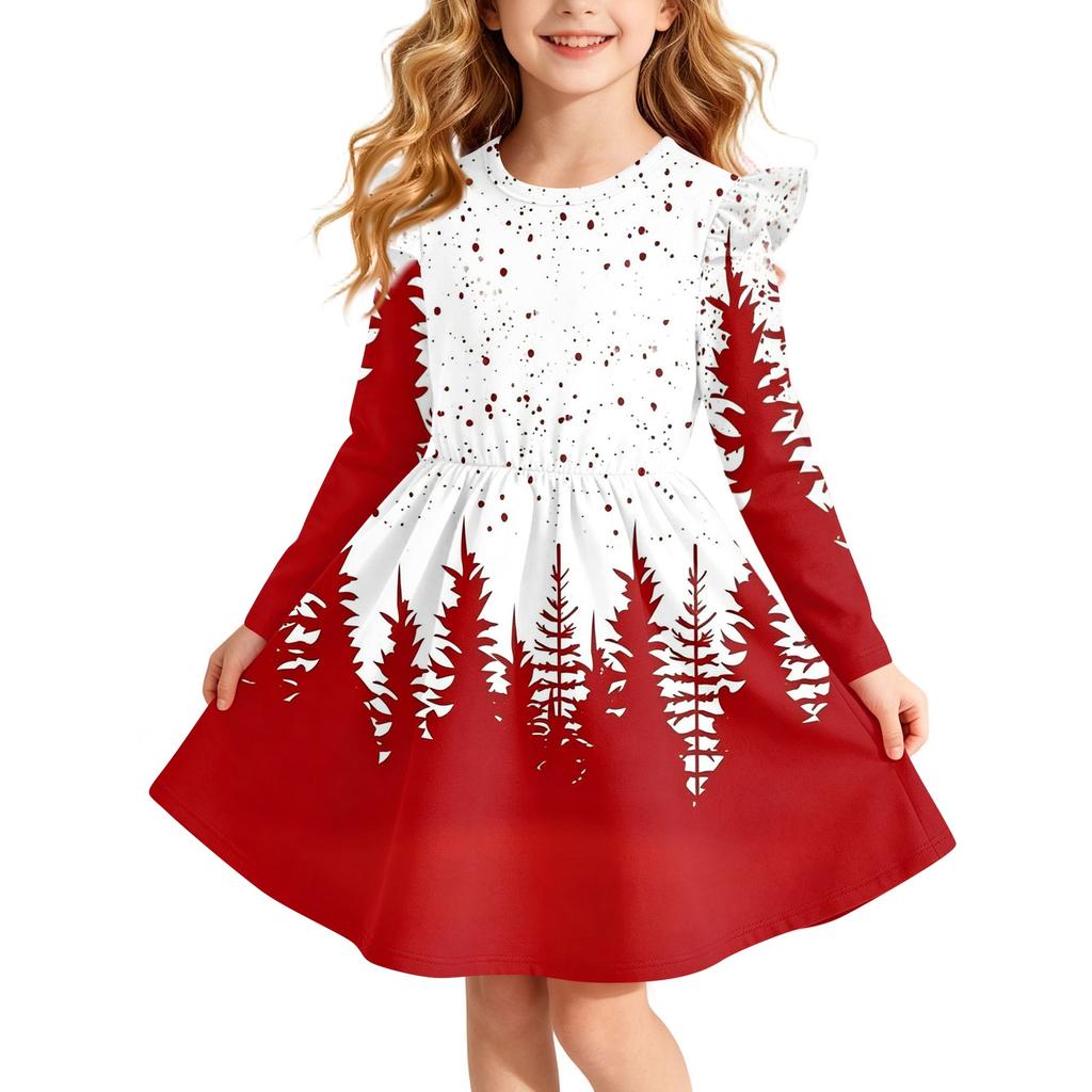 Girls Christmas Print Dress with Sleeves Long Sleeve Holiday Party Dress