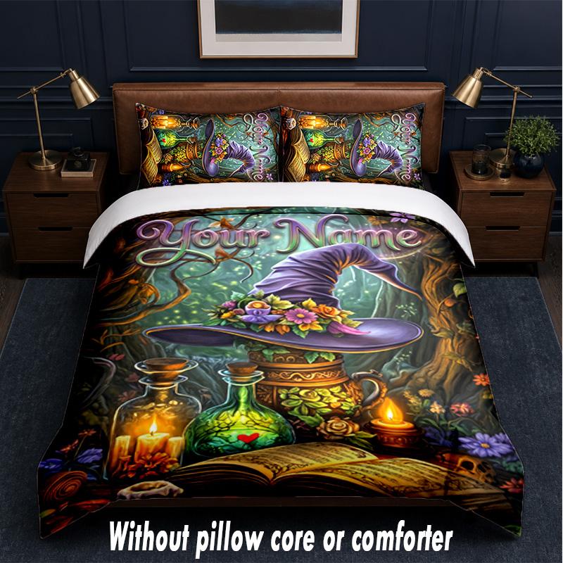 Witchcraft Theme Custom Text Or Name 3Pcs Bedding Set,1 Flat Sheet & 2 Pillowcases Personalized Home Bedding