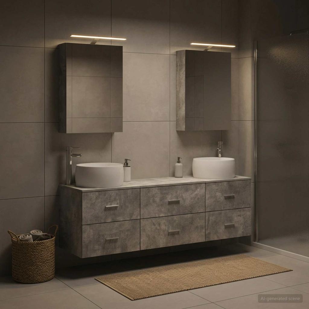 5 Piece Bathroom Furniture Set Concrete Grey Engineered Wood and Glass