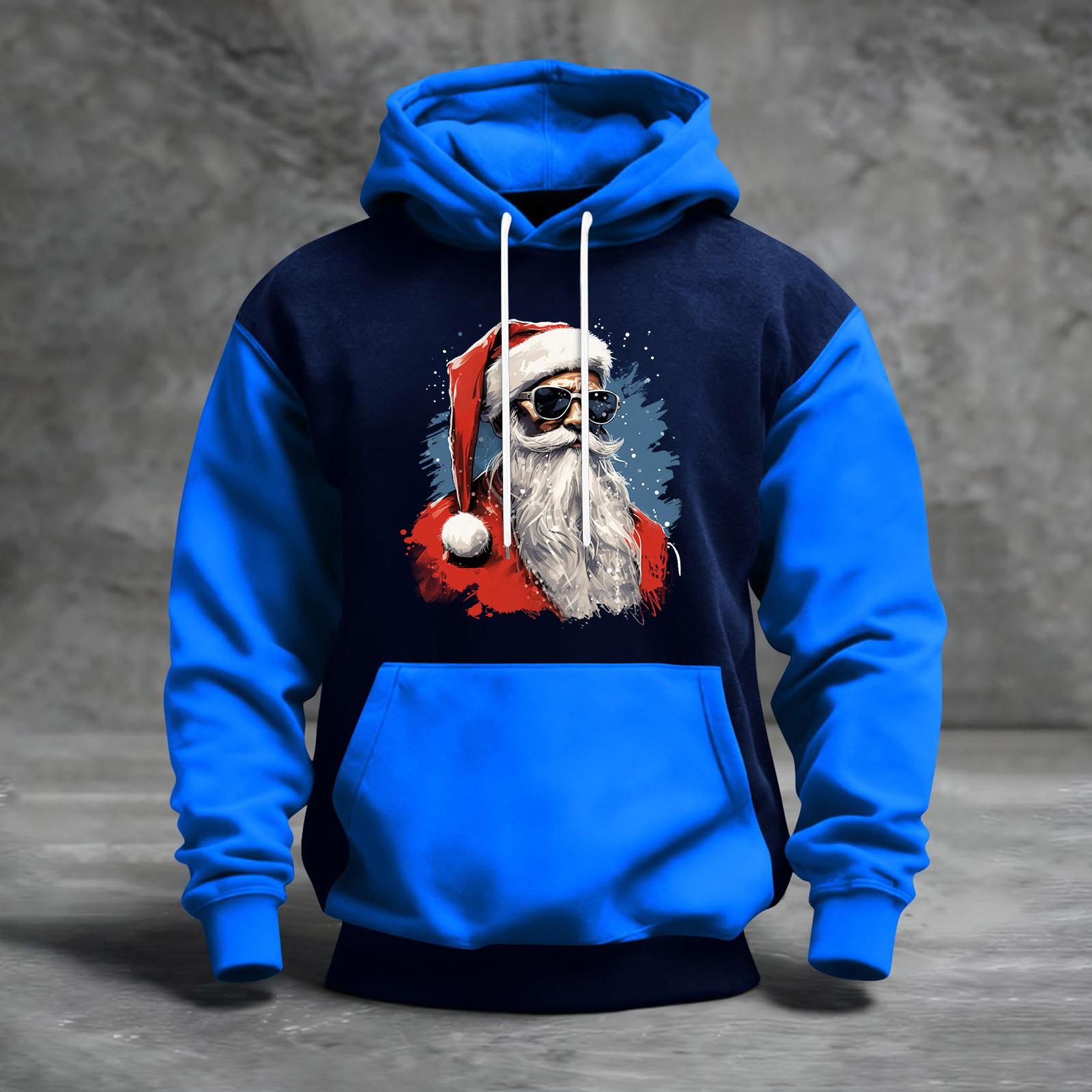 

Мужской рождественский свитшот с капюшоном, повседневный, спортивный, удобный, с цветными блоками и принтом L синий