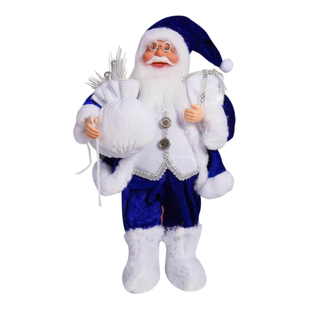 12" Świąteczne Figurki Świętego Mikołaja Stojąca Figurka Świętego Mikołaja Ubrana w Niebieski Płaszcz, Torba z Prezentami i Pudełko z Prezentem w Ramionach, Prezenty na Święta Zima