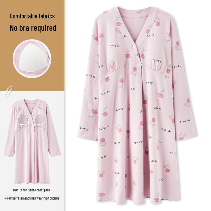 Bavlnová těhotenská noční košile s prsními vložkami pro předporodní a poporodní kojení, jarní/podzimní nošení