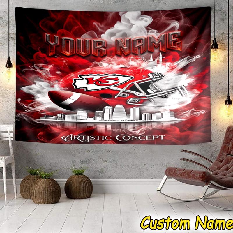 Benutzerdefinierter Name Kansas City Chiefs Helm Wandteppich Raumdekoration Wandbehang für Wohnzimmer Schlafzimmer, Studentenwohnheim, Geburtstags- und Weihnachtsgeschenke