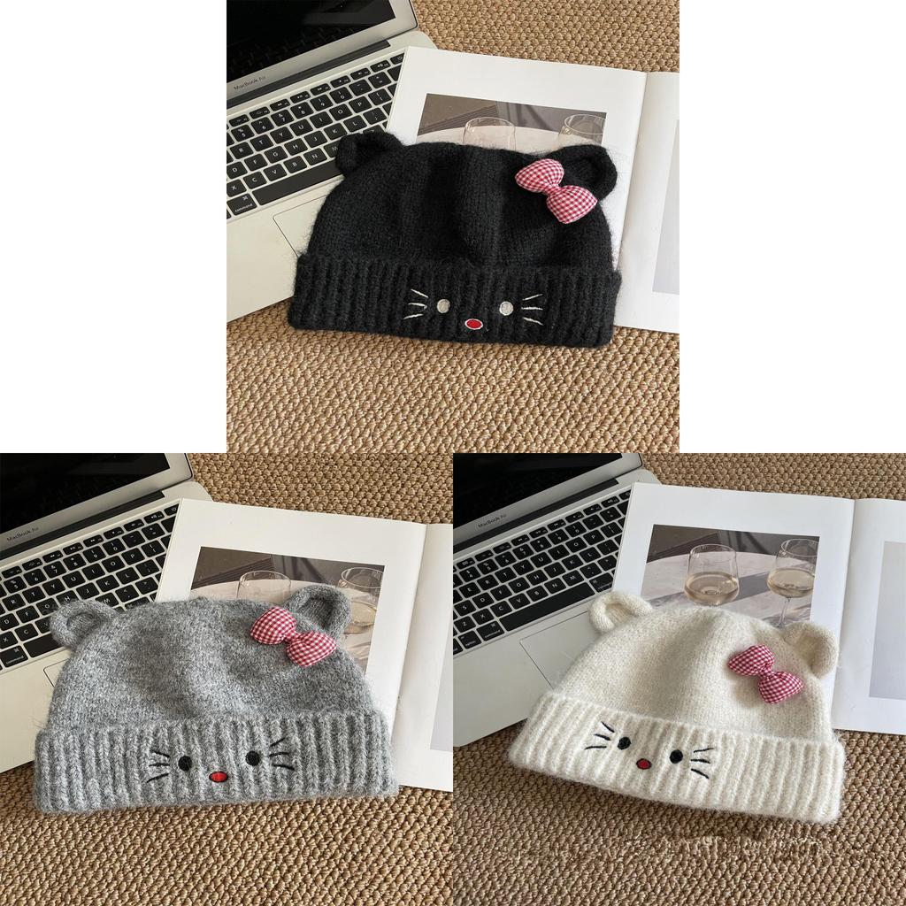 Cat Cartoon Knitted Hat With Embroidered Butterfly Bow For Winter Warmth And Windproof Comfort