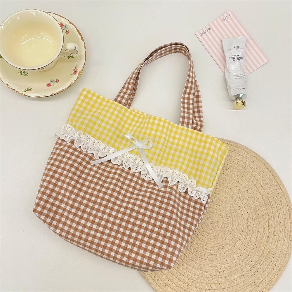 Sweet Bow Patchwork Lace Shopping Bags for Women Ctrast Color Plaid Ladies Bento Handbags Lightweight Portable Female Tote