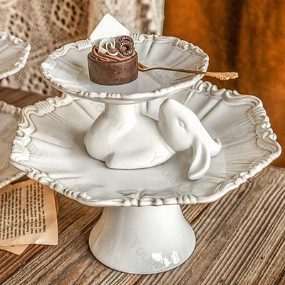 Light Luxury Relief Ceramic Tray Afternoon Tea Dessert Fruit Multi Layer High Footed Dining Plate Exquisite Household Tableware
