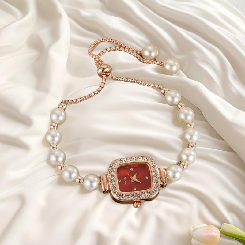 Fashion Pearl Strap Diamond Square Ladies Watch Pull Free Adjustment Bracelet Watch Women S Gift Quartz Watch красный