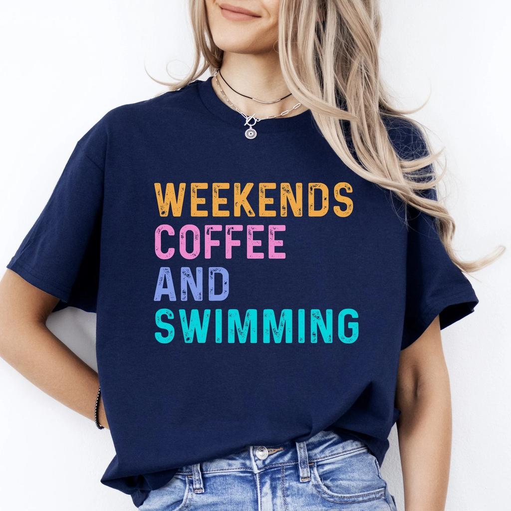 Weekends coffee and swimming T-Shirt Swimming lover swim Unisex tee Black Navy D
