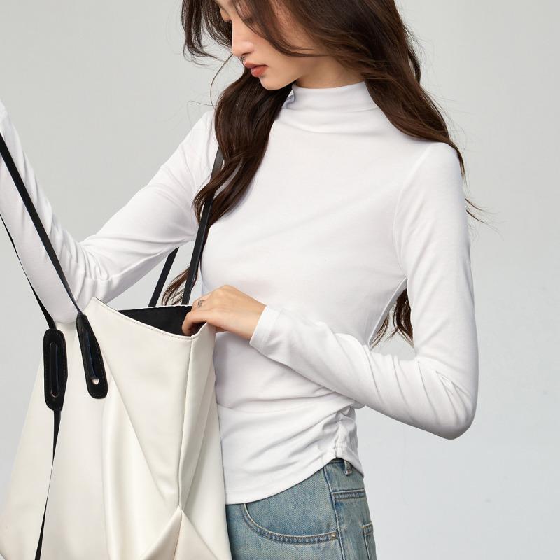Women Combed Cotton Half Turtleneck Long Sleeve Waist Fitted Pleated Bottoming T Shirt