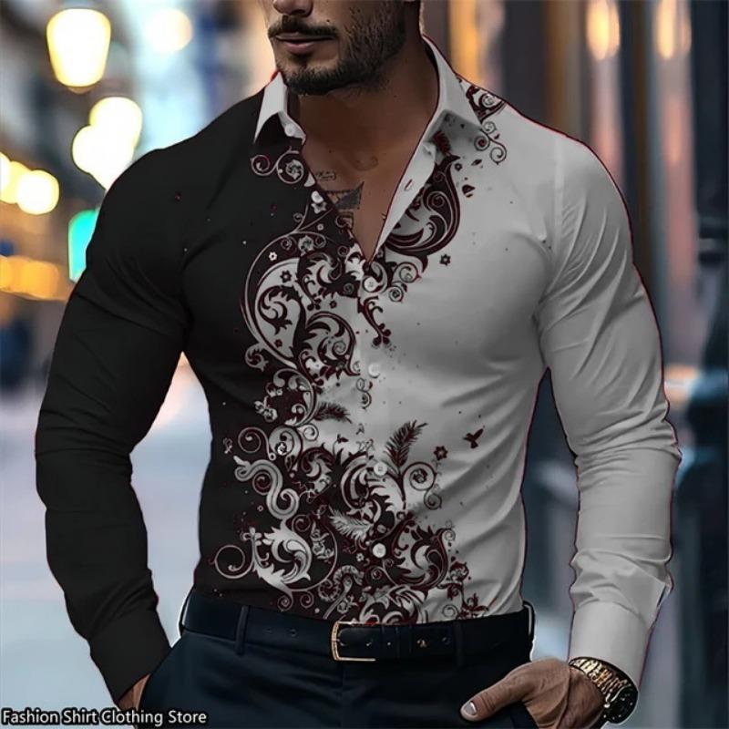 Men S Long Sleeve Button Down Colour Block 3d Printed Casual Shirt