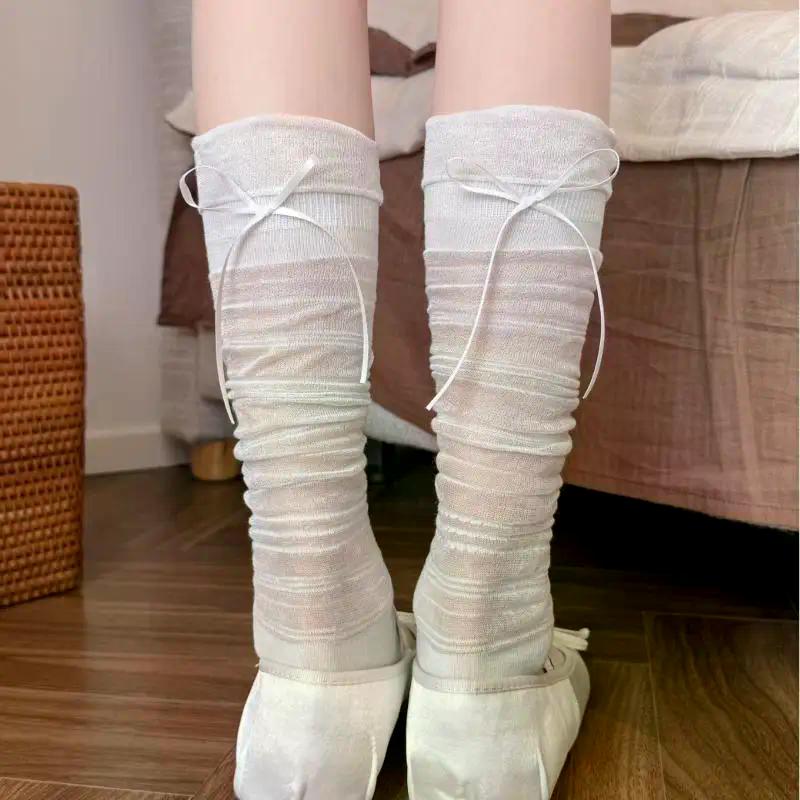 Sheer Mesh Bow Knee High Socks Thin Breathable Balletcore Style Socks For Women