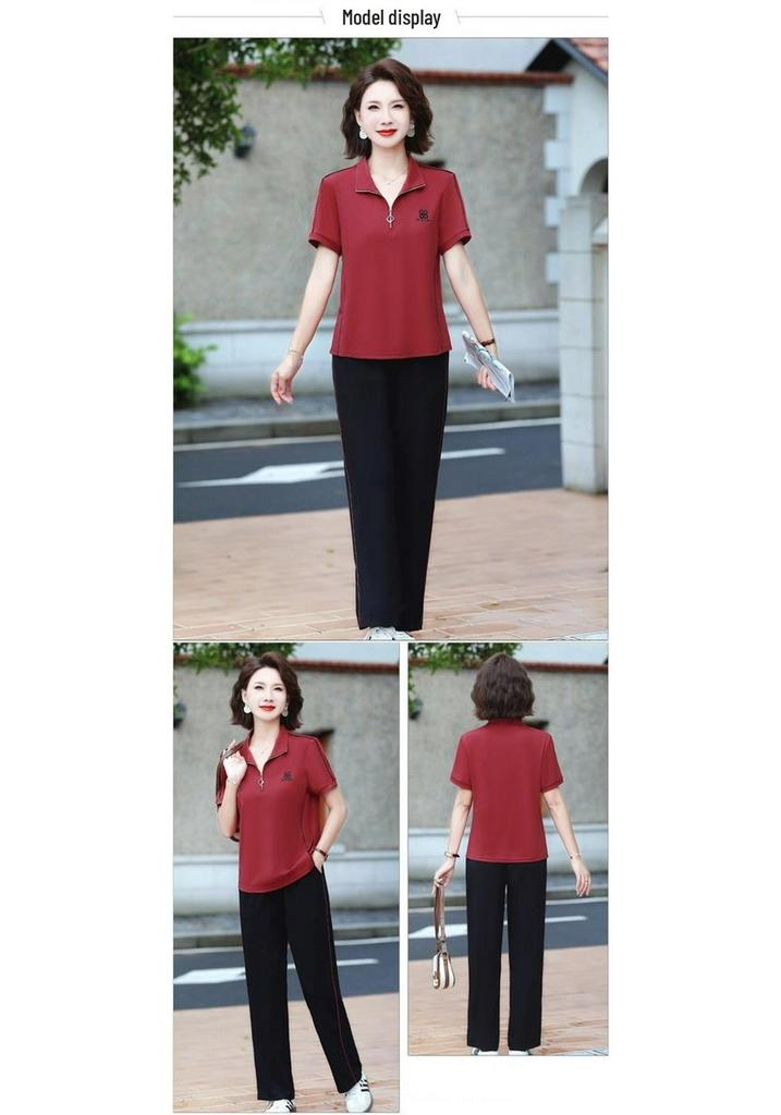 Women's Summer Sports Suit: Stylish, Age-defying, Short-sleeved T-shirt for Middle-aged Ladies with a High-end Feel.