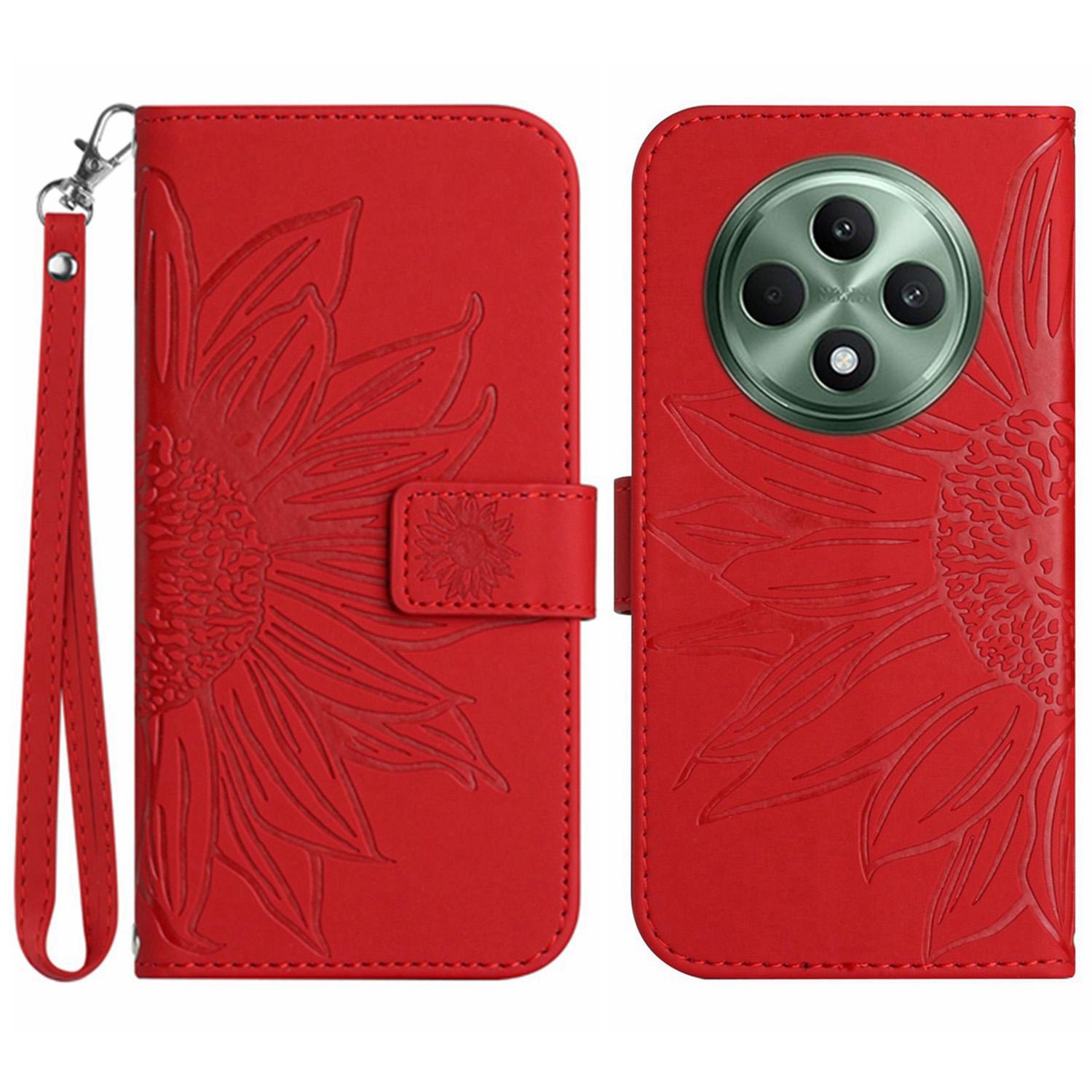 

HT04 For Oppo Reno12 F 5G Case Sunflower Flip Leather Phone Cover with Hand Strap Red