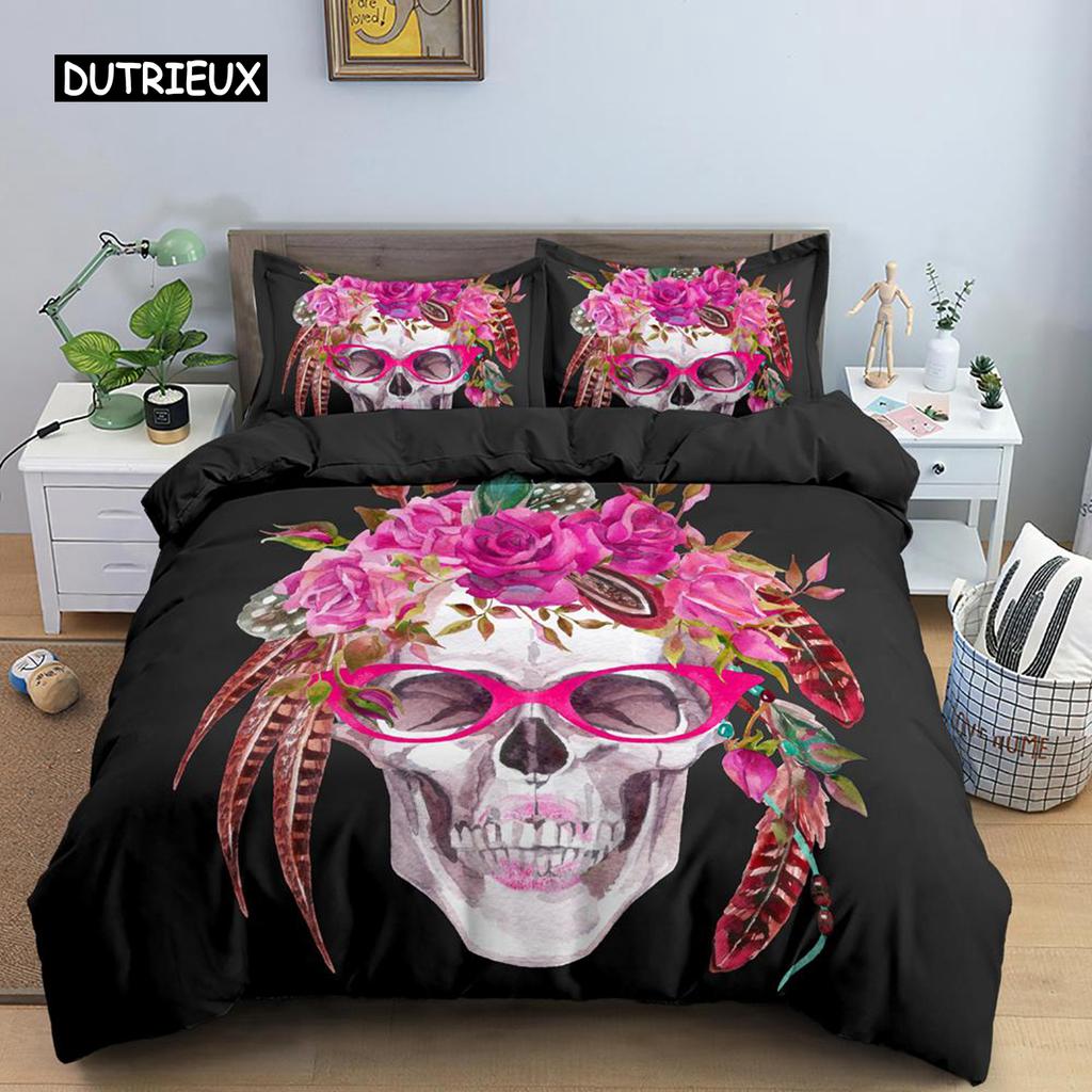 Skull Duvet Cover Set King Queen Size Gothic Rose Flowers And Skull Bones Bedding Set Microfiber Horror Skeleton Comforter Cover
