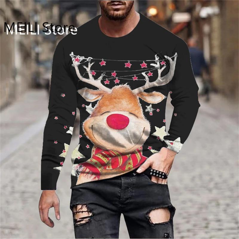 Men's T-Shirts Christmas Funny Reindeer Print Tees Casual Streetwear Long Sleeve T Shirt Pullover Harajuku Top Men Clothing
