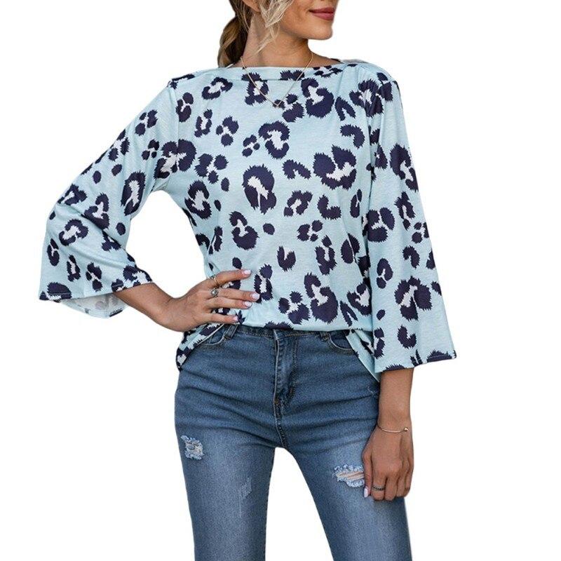 Summer Explosion Models Leopard Print Round Collar Nine Points Trumpet Sleeve T-shirt