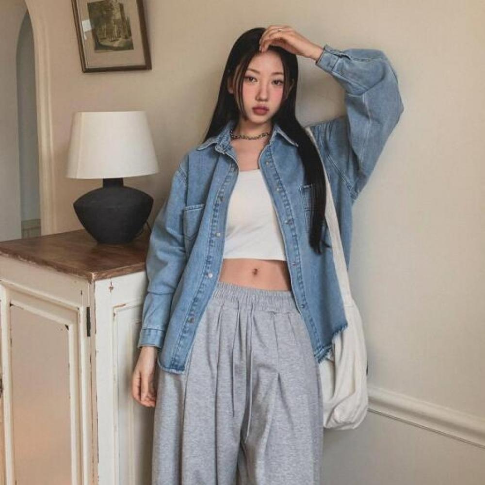 New Arrivals Open Run Loose Fit Cotton Spring Shirt Light Blue