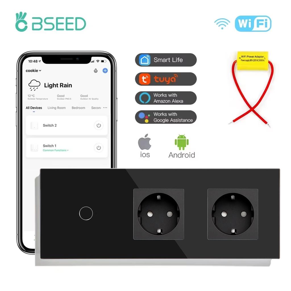 BSEED 1/2/3Gang Wifi Touch Light Switches Tuya Smart Life Alexa App With EU Sockets Power USB Ports Capacitor Included Black