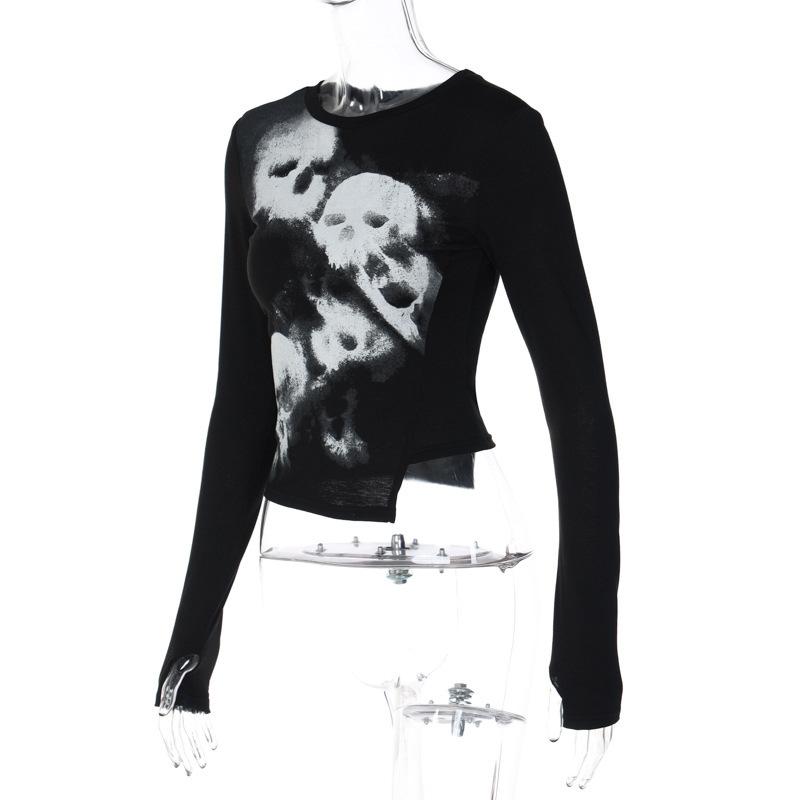 Y2K Retro Damen T-Shirt mit freiliegendem Nabel, Harajuku, abstrakt bedruckt, langärmelig, Gothic, personalisiertes unregelmäßiges Oberteil