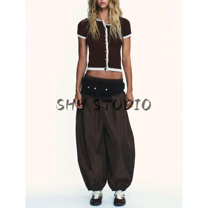 Autumn New Women's Clothing Idle Style Button Decoration Slim-Fit Contrast Colors Knitting round Neck Short Sleeve Jacket 0014114