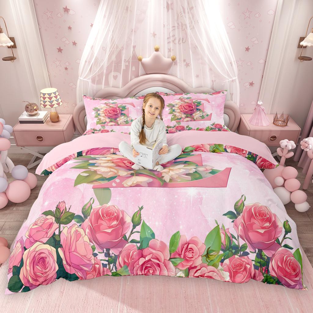 Homewish Girly Cute Pink Duvet Cover Set For Kids Girls Initial Letter A To T Bed Set Chic Floral Flower Quilt Cover Set