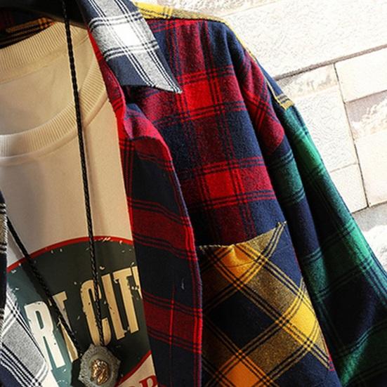 Men Spring Shirt Colorblock Plaid Print Single-breasted Loose Long Sleeve Lapel Buttons Streetwear Casual Cardigan Shirt Coat