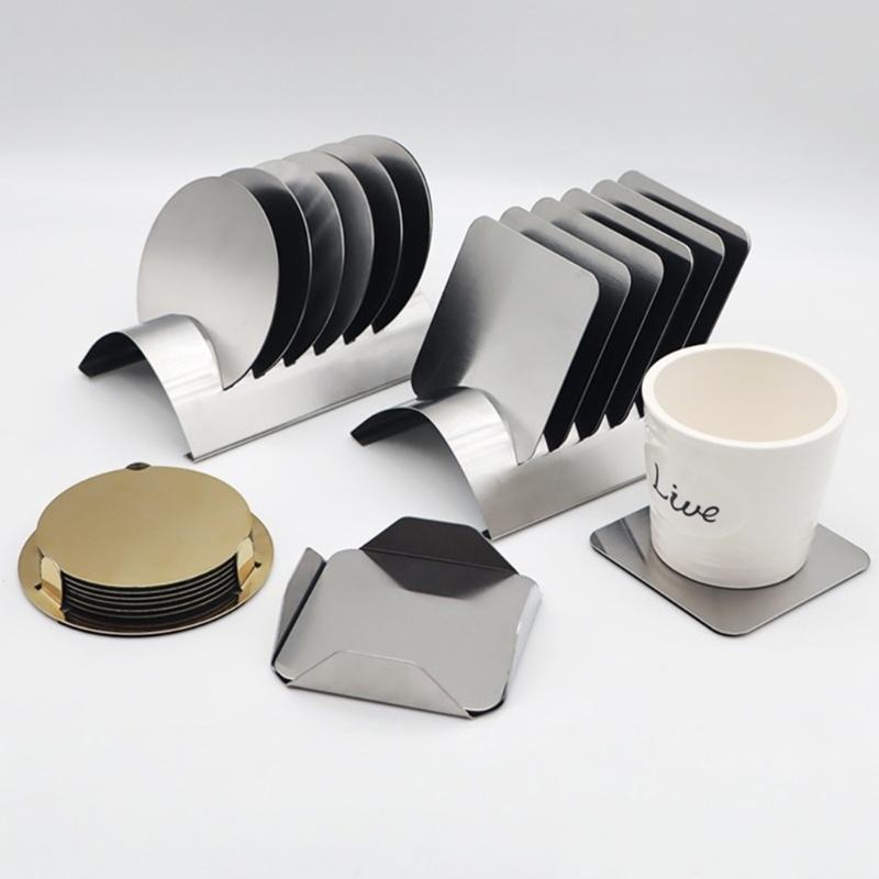 6Pcs Elegant Metal Drink Coaster Set With Holder Heat Resistant For Dining Table And Office Desk With Minimalists Design