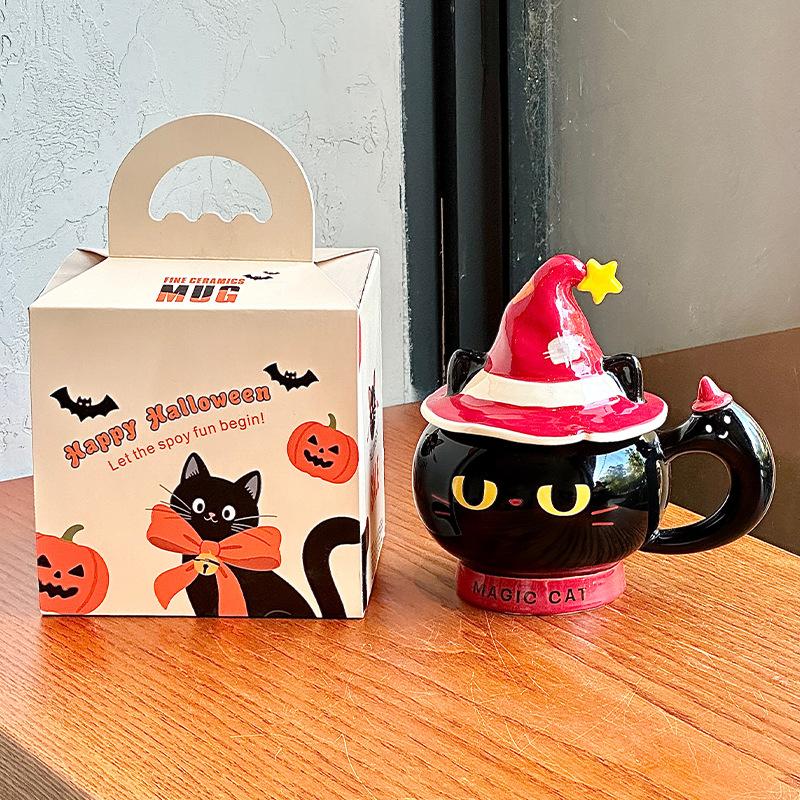 Creative Halloween gift magic hat cat ceramic mug with lid for girls practical mug souvenir gift box