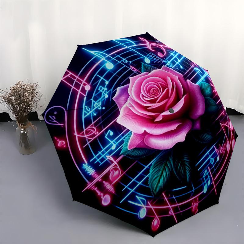 1pc Rose Music Automatic Folding Umbrella, Heavy Duty 8 Rib Iron Frame,  Suitable for Travel, Daily Use, Birthday, Decor Gift  68