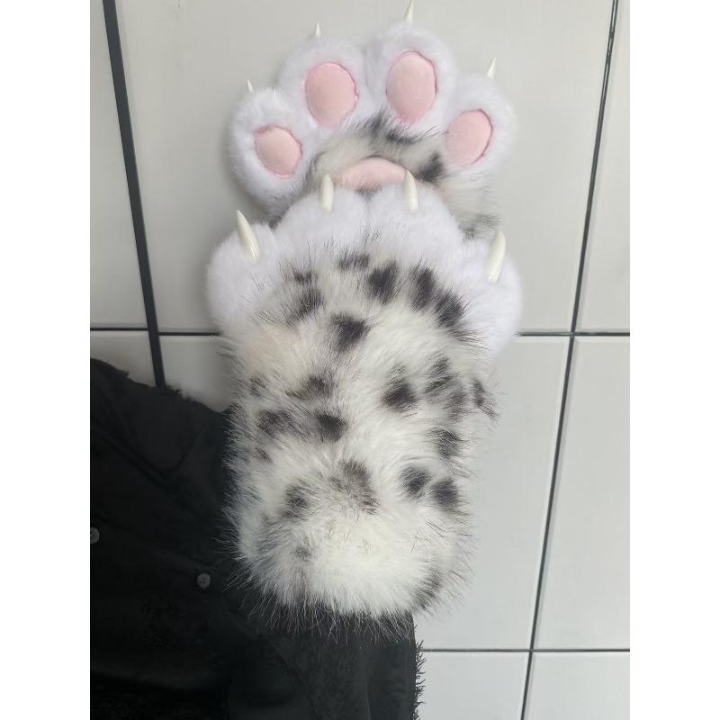 Leopard Print Plush Animal Paw Gloves Synthetic Fur Style Fursuit Hand Paws Cosplay Costume for Halloween Party