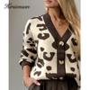 Hirsionsan Soft Knitted Leopard Cardigan Women 2023 Autumn New V Neck Y2k Crop Female Sweater Oversized Warm Ladies Clothes