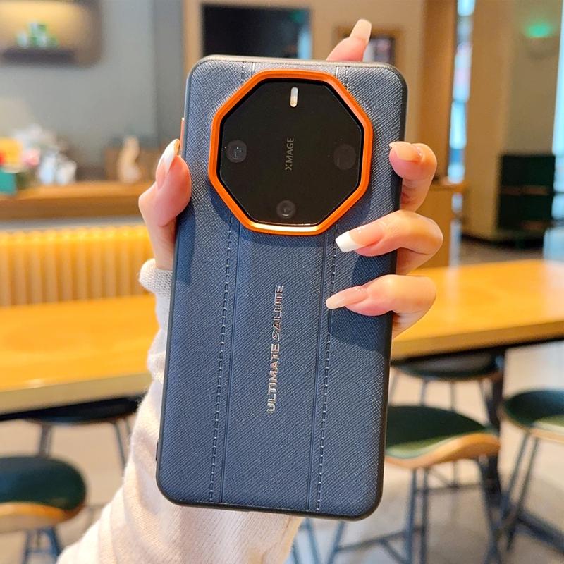 Luxury Cross Texture Leather Design Case For Huawei Mate 60RS 50RS 40RS Slim Orange Camera Ring Shockproof Cover