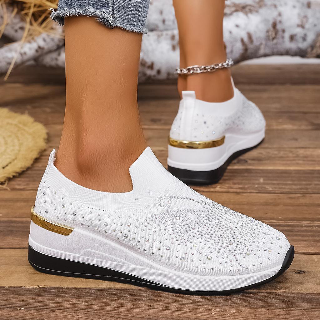 Fashion Women Rhinestone Casual Sneakers Breathable Wedge Women Lightweight Shoes Slip on New Comfortable Spring Mesh Shoes Size 36-43